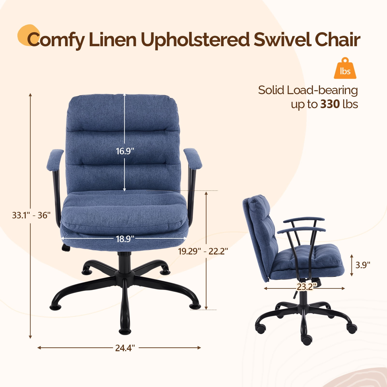 Ktaxon Office Chair with Armrests, Linen Fabric Desk Chair with Wheels, Swivel Task Chair for Study Room or Dressing Vanity Area Blue