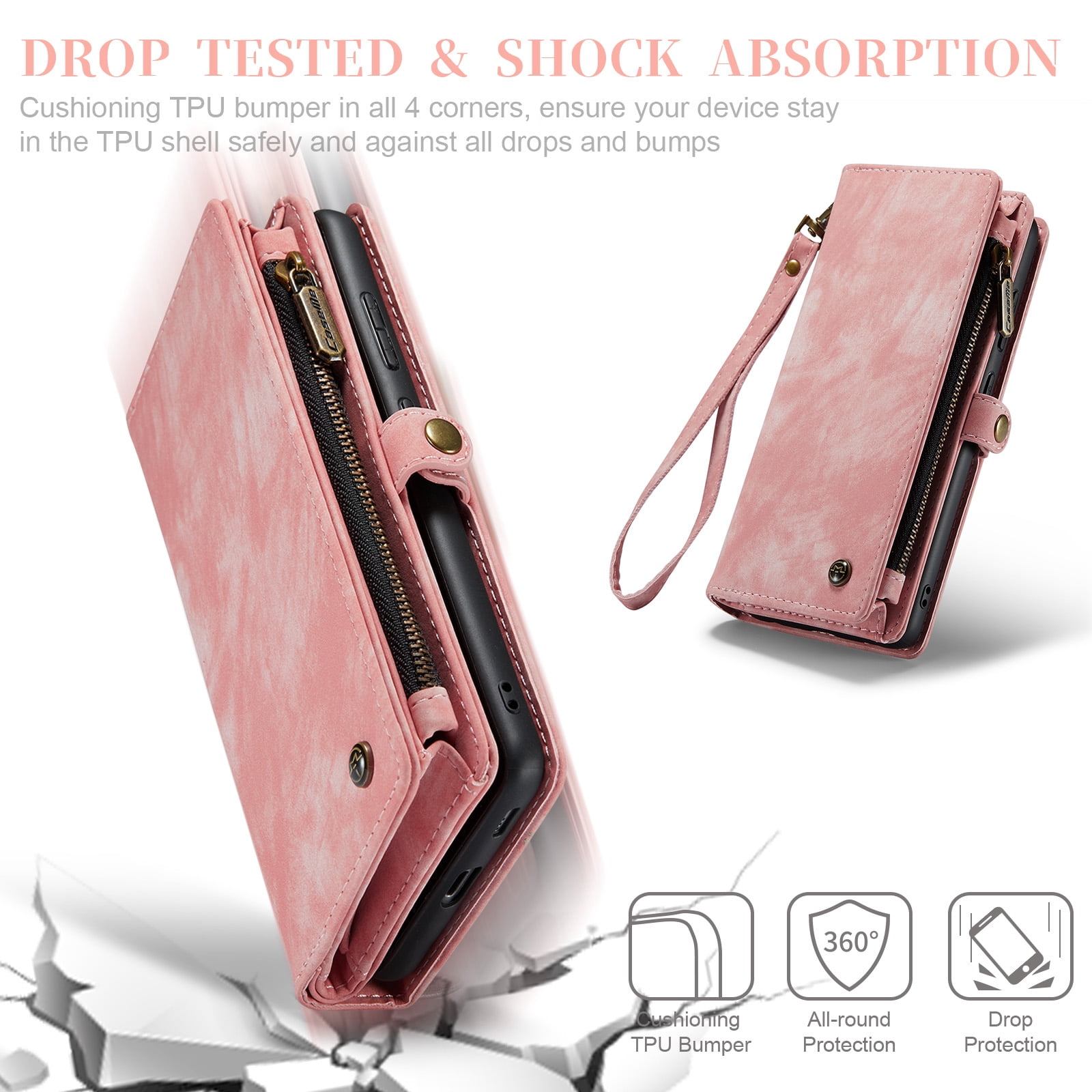 Feishell Durable 2-In-1 Magnetic Detachable Wallet Case for Samsung Galaxy S22,for Women Men,Premium PU Leather Zipper Pocket Flip Multi Card Slots Purse Phone Case with Wrist Strap,Pink