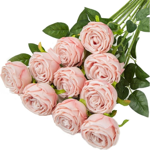 Princess Silk Rose Flowers Long Stem Artificial Melaleuca Rose Flower for Home Wedding Decor, Pack of 10 (Blush)