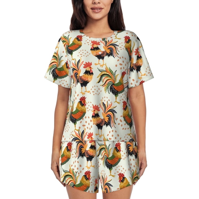 Fotbe Colorful Roosters Conjunto de Pijama Estampado para Mujer, 2 Piezas, Ropa de Dormir con Camiseta de Manga Corta y Shorts Suaves-XX-Large