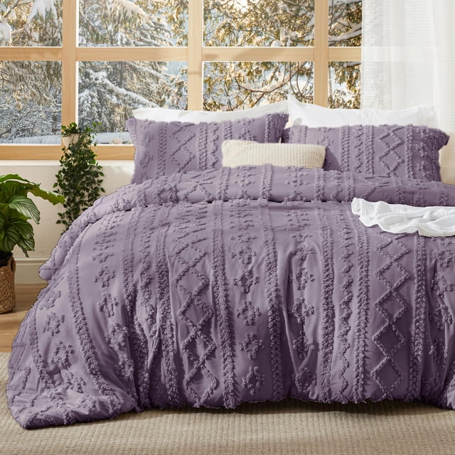 Juego de edredón Bedsure para cama doble, bordado con mechones de color morado grisáceo