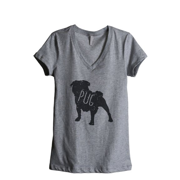 Thread Tank Pug Dog Silhouette Women's Relaxed V-Neck T-Shirt Tee Heather Grey Small