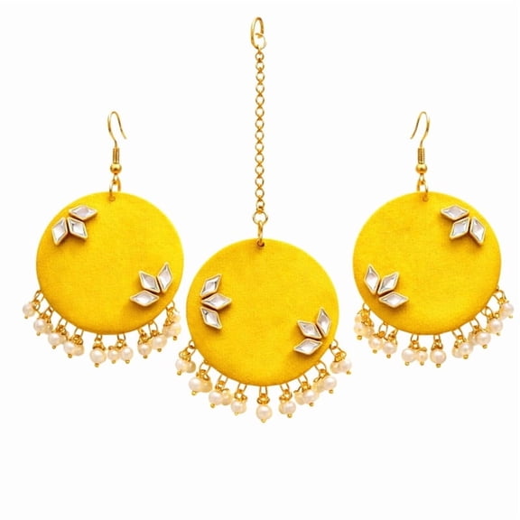 Handcrafted Fabric Jewelry Set for Women| Embroidered Round Earrings with Matching Maang Tikka | Ethnic Kundan Pearl Traditional Jewelry Set for Wedding, Festival & Party Wear (Yellow)