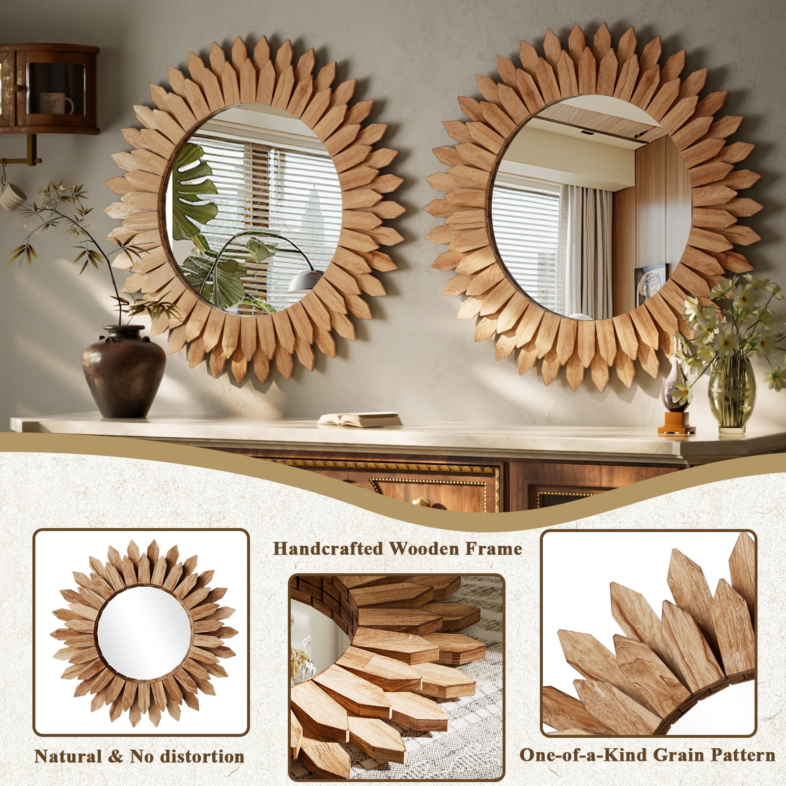 Easy4Home 24" Rustic Wood Mirror Wall Decoration Hanging Round Mirror,Light Brown