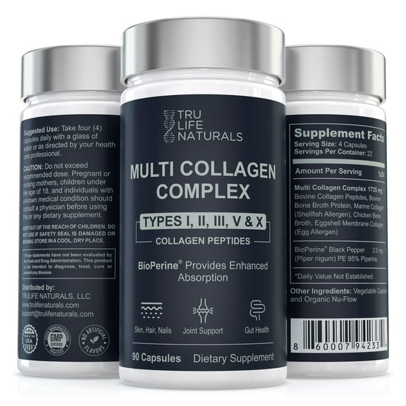 Multi Collagen Complex 5 Types (Types I, II, III, V & X) | Collagen Peptides for Enhanced Absorption | Supports Skin, Hair, Nails & Joints | Non-GMO, Marine & Bovine Collagen (90 Capsules)