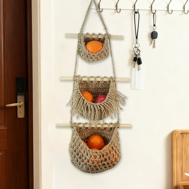 QTOCIO Hanging Fruit Baskets 3 Tier Door Storage Boxes Hand Woven Jute Wall Baskets For Decorating And Storing In Kitchen Living Room Bathroom Bedroom