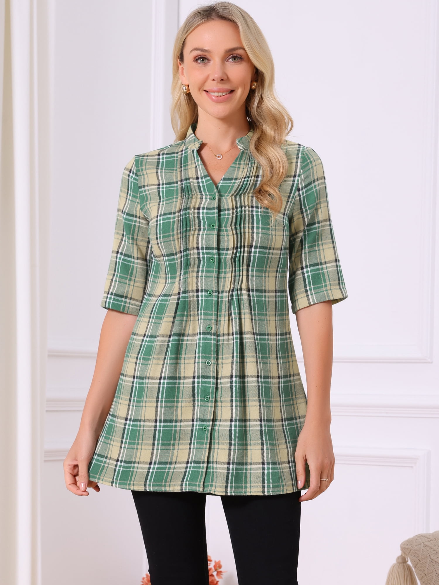 DARING DIVA Women's Check Top V Neck Half Sleeve Casual Tunic Blouse Green S
