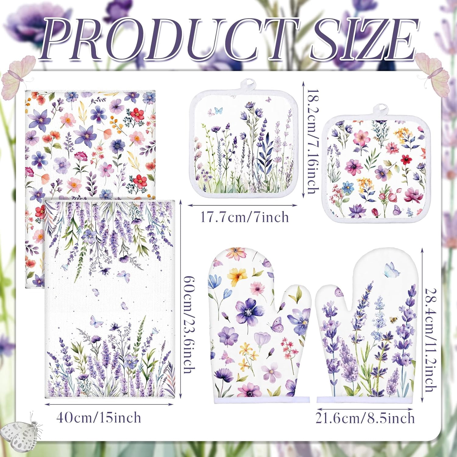 Spring Lavender Oven Mitts and Pot Holders Kitchen Dish Towels Set Purple Flower Spring Kitchen Towels and Dishcloths for Baking Cooking Women BBQ Grilling Hand Dish Gifts
