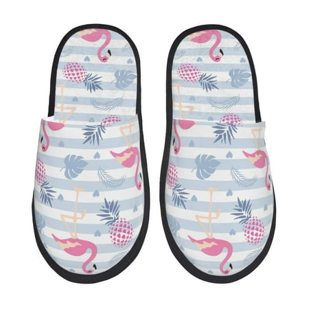 Balery Flamingo and Pineapple Slient Indoor Furry Fleece Comfort House Shoes Soft Non-Slip Home Shoes Cotton slippers House Slippers-- Large