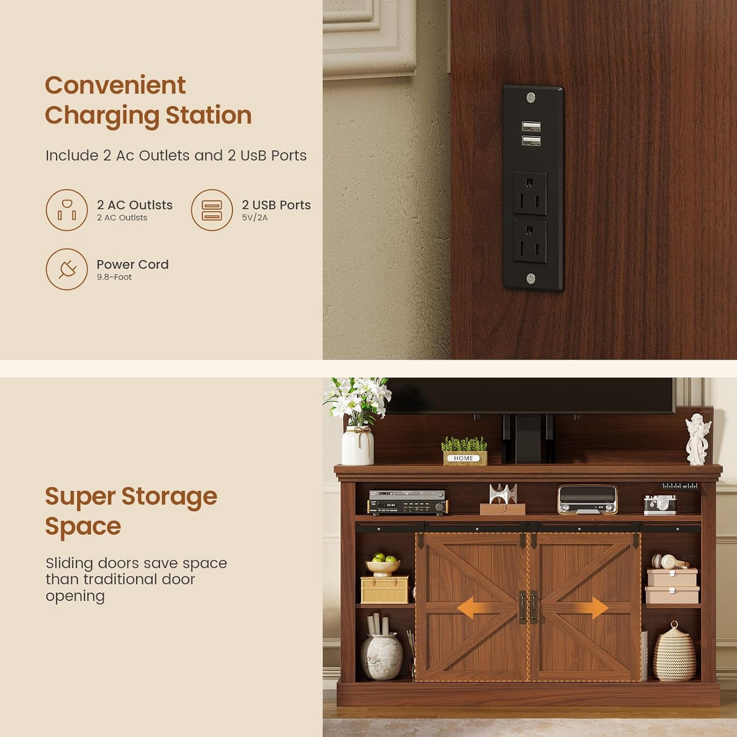 Motorized TV Lift Cabinet for 55-60” TVs, Farmhouse TV Stand, Entertainment Center with Storage Cabinets & Sliding Barn Doors, TV Media Console Table with Charging Station for Living Room, Brown