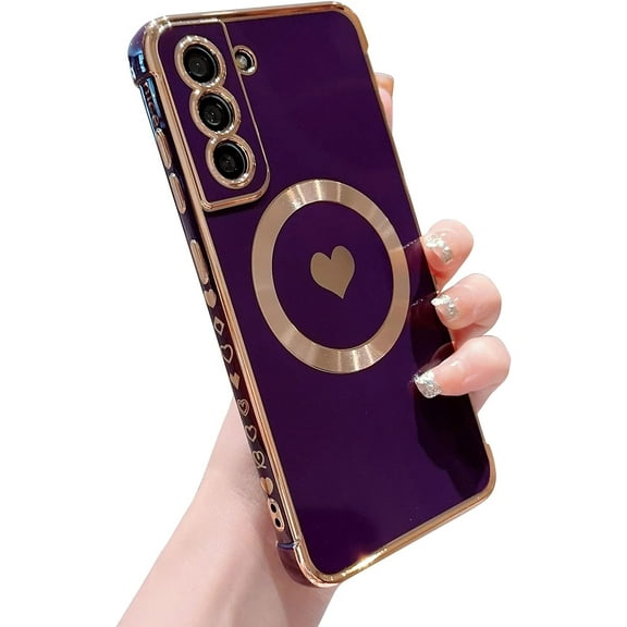 Magnetic Phone Case for Samsung Galaxy S21 FE 5g [ Compatible with MagSafe ] Luxury Plating Cute Heart Protective Cover for Women Soft Shockproof Side Elegant Heart Pattern Bumper (Deep Purple)