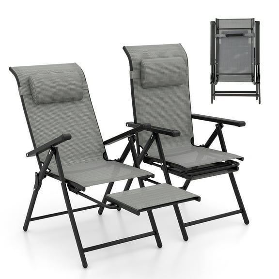 Gymax Folding Patio Chairs Set of 2 Lounge Chairs w/ 10-Level Adjustable Backrests