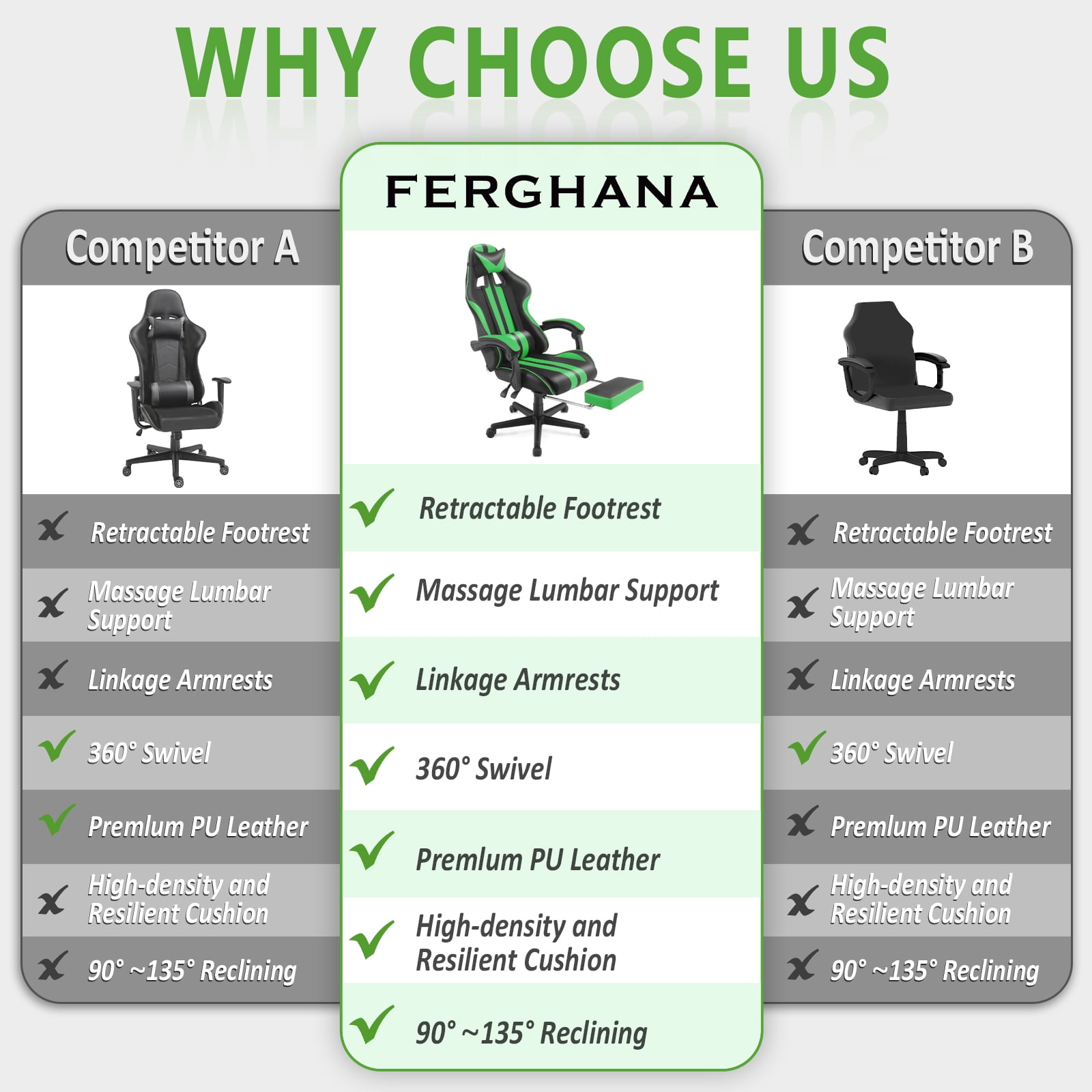 Luxvie Gaming Chair with Footrest High Back Computer Office Gamer Chair with Massage and Headrest Lumbar Support Swivel Seat Ergonomic Game Chair for Adults, Green