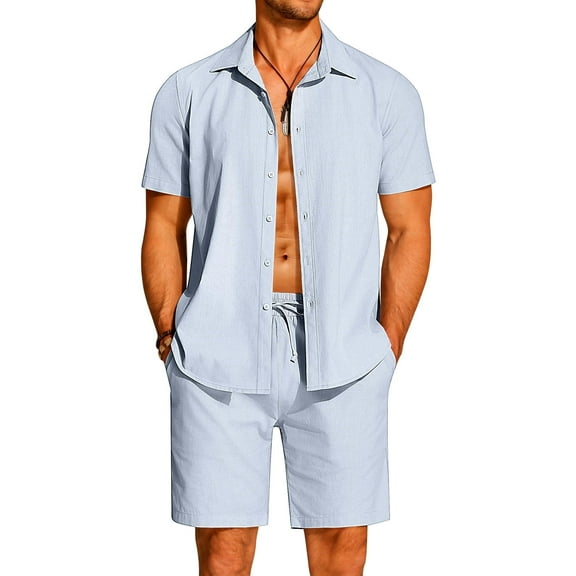 COOFANDY Men Cotton Linen Set Button Up Short Sleeve Shirt 2 Piece Fashion Casual Vacation Outfits Beachwear