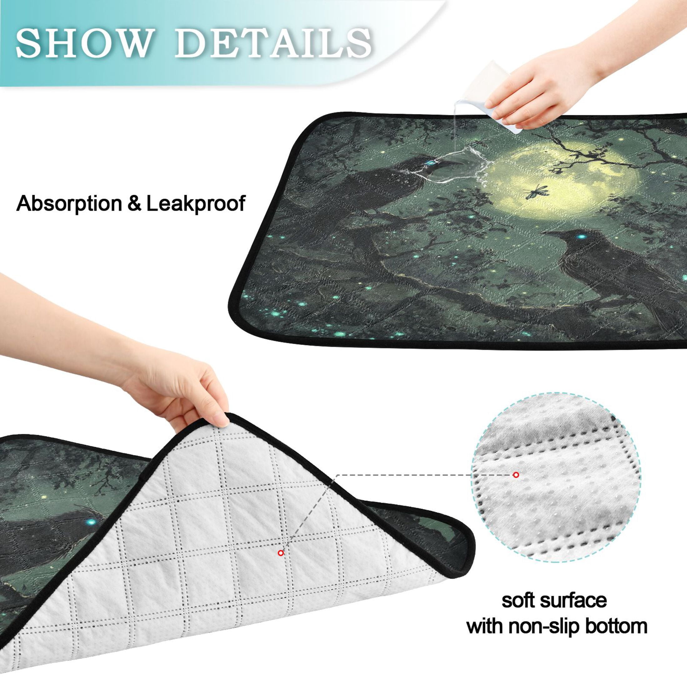 Qxltty Midnight Dark Crow Cat litter Pads Pet Set of 3 Diaper Mats Center Anti-leakage Layer Absorbent Soft and Comfortable