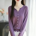 thumbnail image 5 of Fiaer.Women's Long Sleeve Button down Crew Neck Plus Size Lightweight Casual Trendy Loose Fit Classic Cropped Knit Cardigan Dark Purple XL, 5 of 6