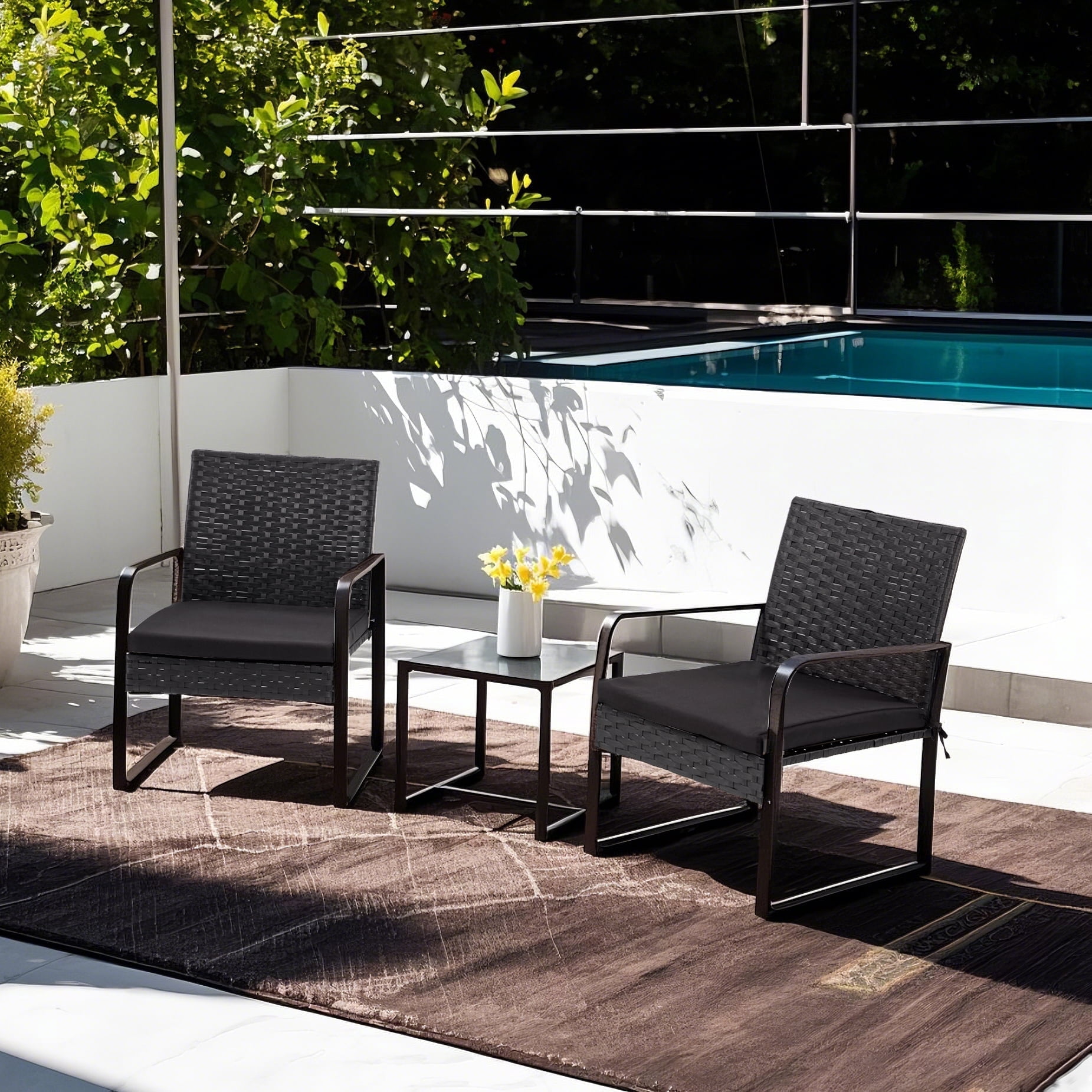 Bezseller 3-Piece Patio Bistro Set, Outdoor Rattan Furniture Set, Black (Round Arm)