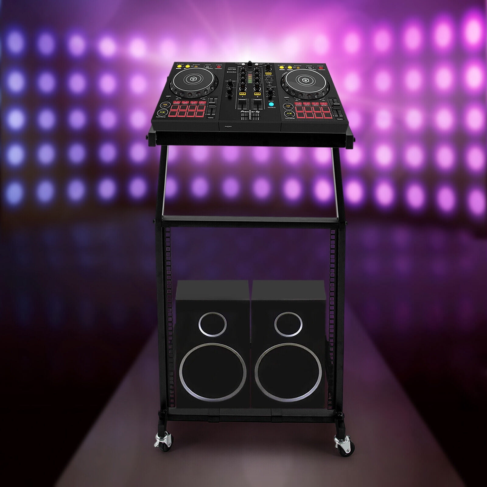 12U Professional DJ Stand with Adjustable Top Platform, Iron Frame, 4 Lockable Wheels, and Two-Tier Storage for Mixers, Amplifiers & Equipment - Black