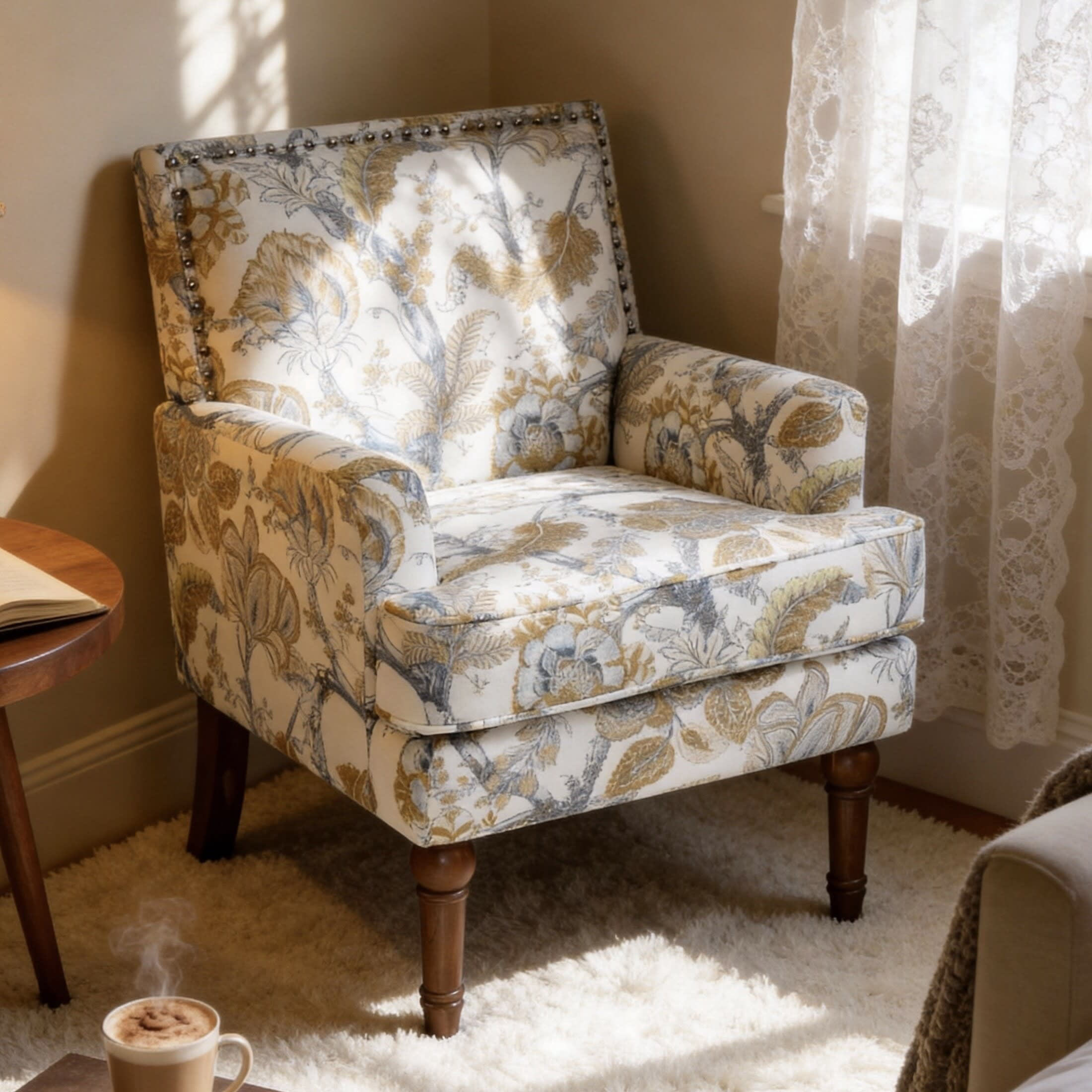 Noble House Floral Accent Chair with Nailhead Trim, Solid Wood Legs, Gold + Gray