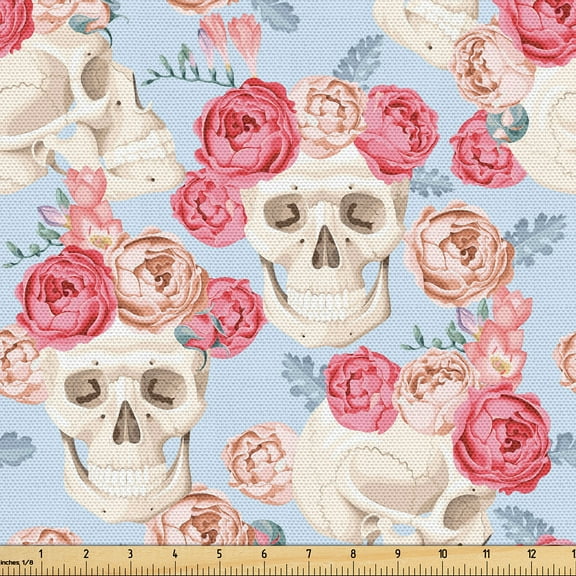 Ambesonne Halloween Fabric by the Yard Upholstery, Skulls Flowers Leaves Art, 1 Yard, Pastel Pink Soft Blue