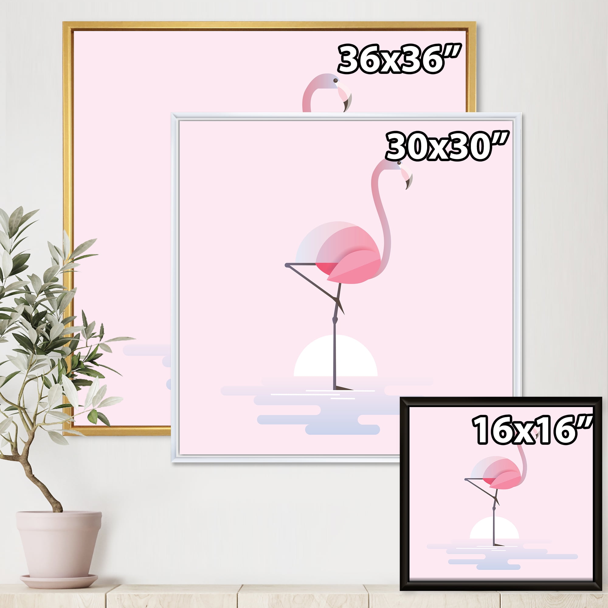 Standing On One Toes Pink Flamingo 16 in x 16 in Framed Painting Canvas Art Print, by Designart