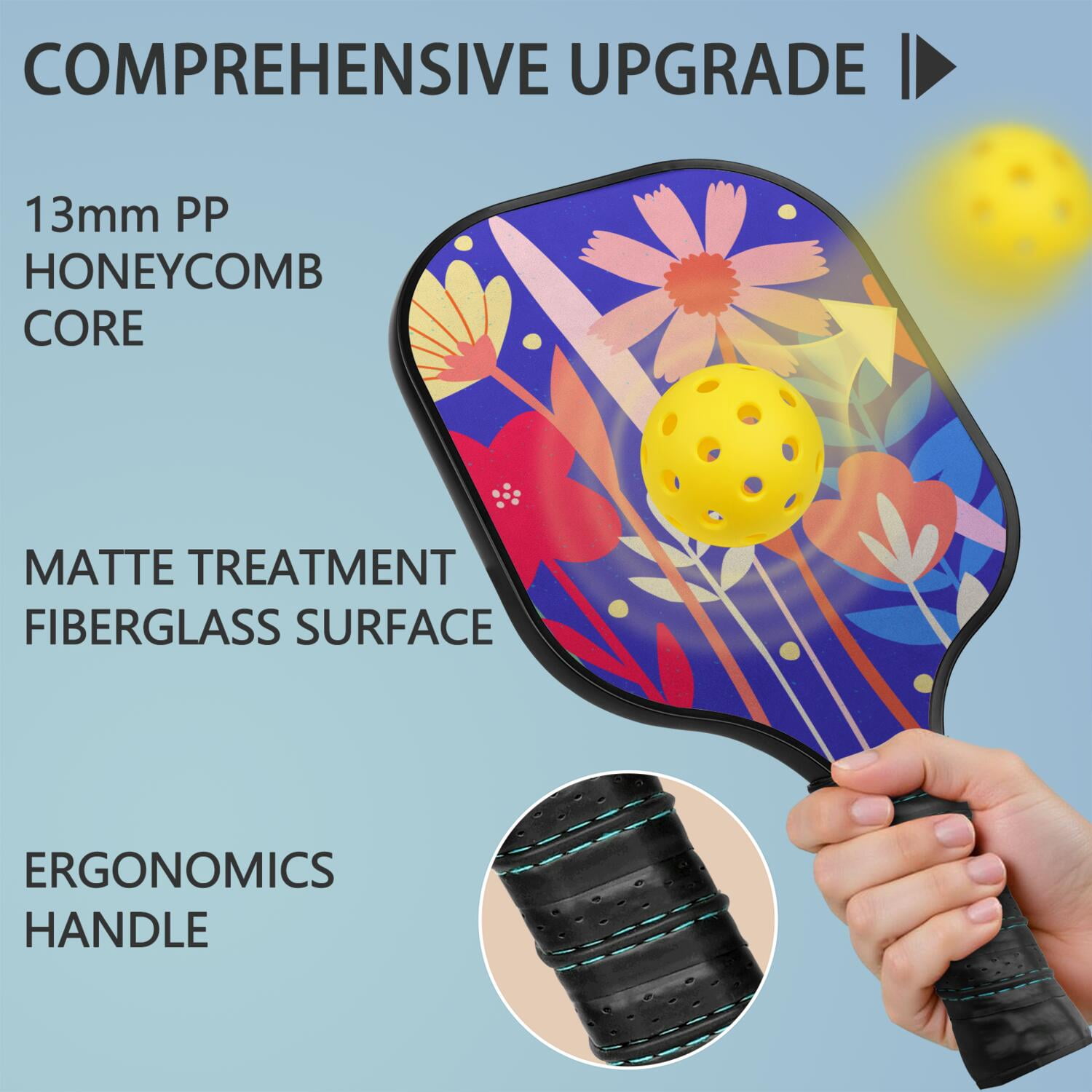 Pickleball Paddles Set Of 2, Fiberglass Surface, Vintage Floral Print, 4 Balls & Bag
