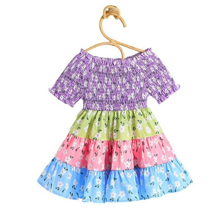 

Toddlers Girls Baby Short Sleeve Cartoon Floral Printed Dresses Summer Beach Sundress Party Princess Dress Clothes Child Sundress Streetwear Kids Dailywear Outwear