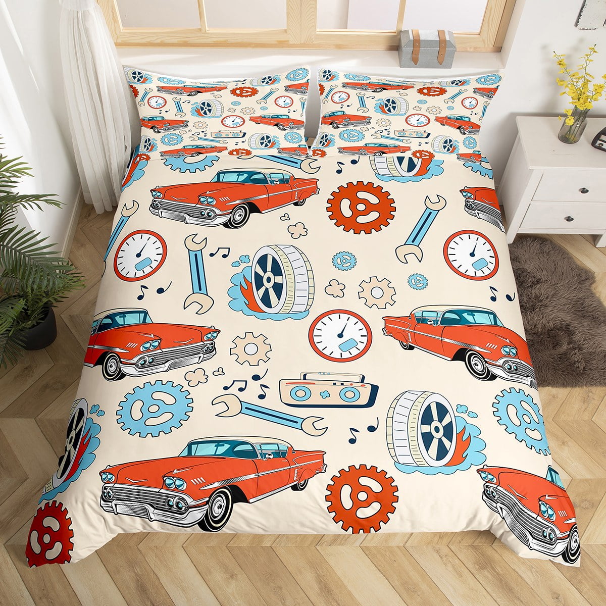 Vehicles Duvet Cover Twin for Boys Kids, Music Note Comforter Cover
