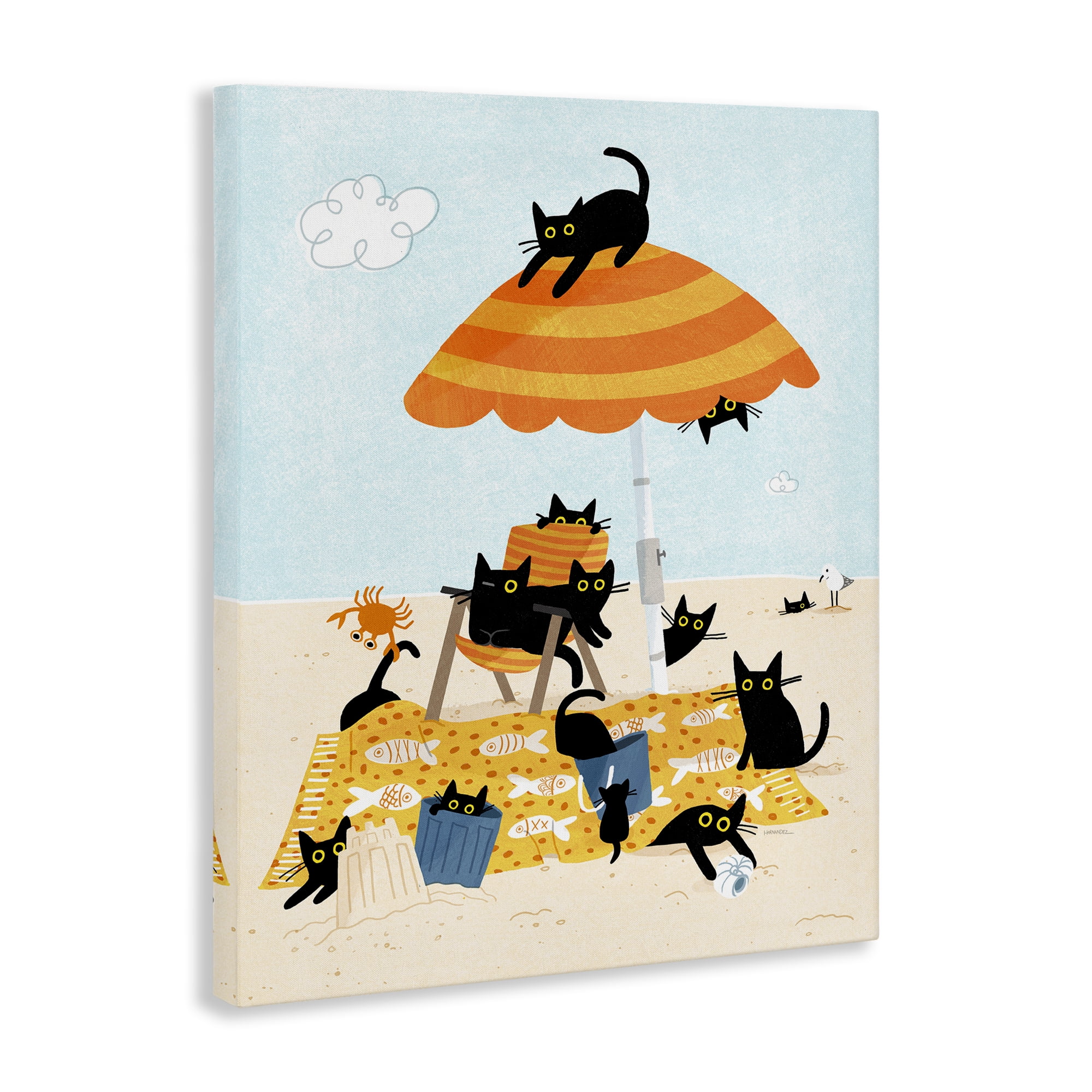 Stupell Industries Black Cat Beach Day Animals Painting Wrapped Canvas Art Print Wall Art, 24 x 30