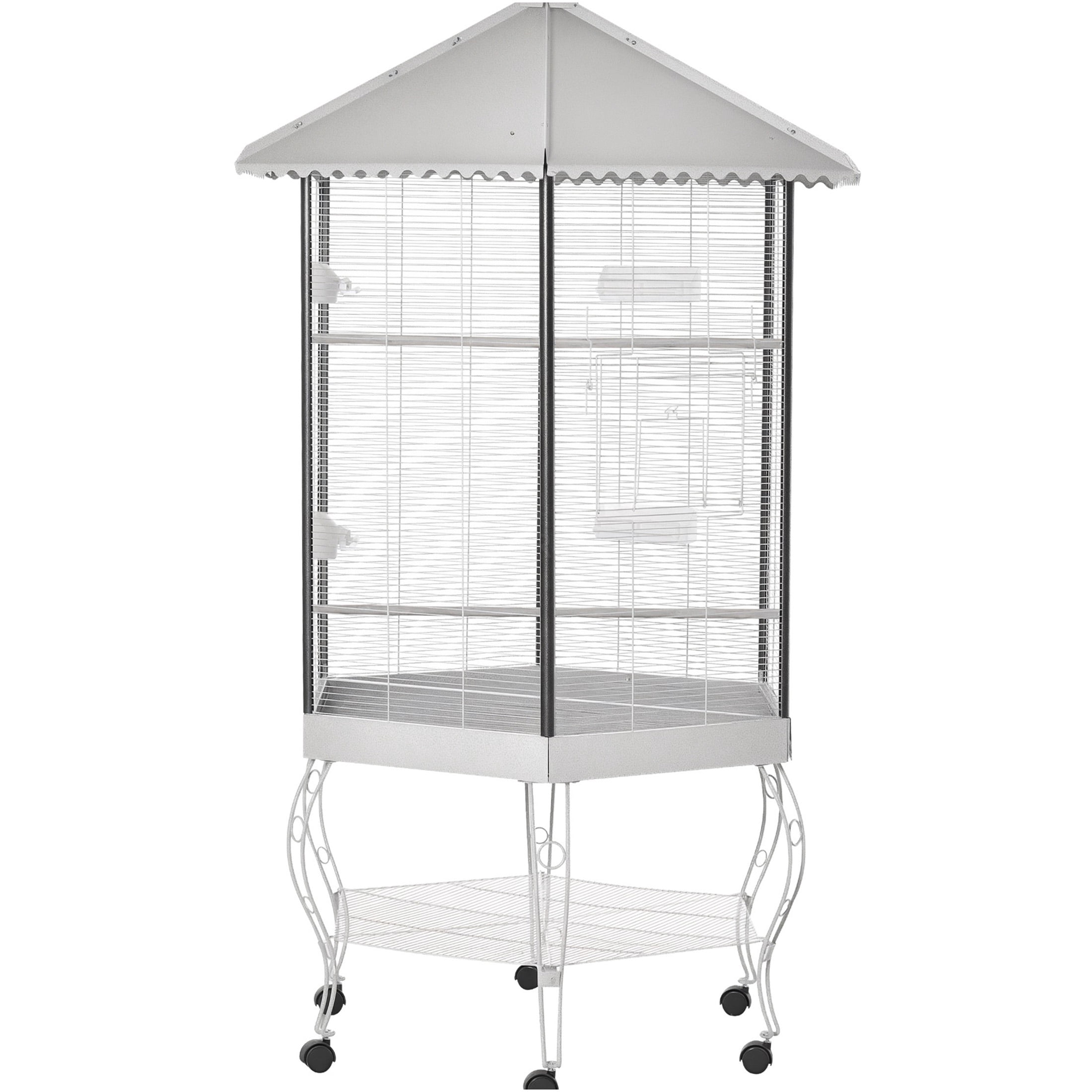 JERFIT 67’’ Hexagon Bird Cage with Stand & Wheels, Large Rolling Flight Aviary with Canopy Cover, Removable Tray for Easy Cleaning, Grey