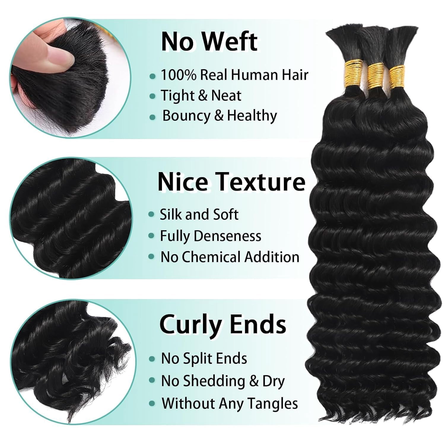 Human Braiding Hair for Boho Braids Human 110g 14 Inch Curly Boho Hair for Braiding Knotless 12A Deep Wave Bulk Bohemian 3 Bundles/Pack Natural Color
