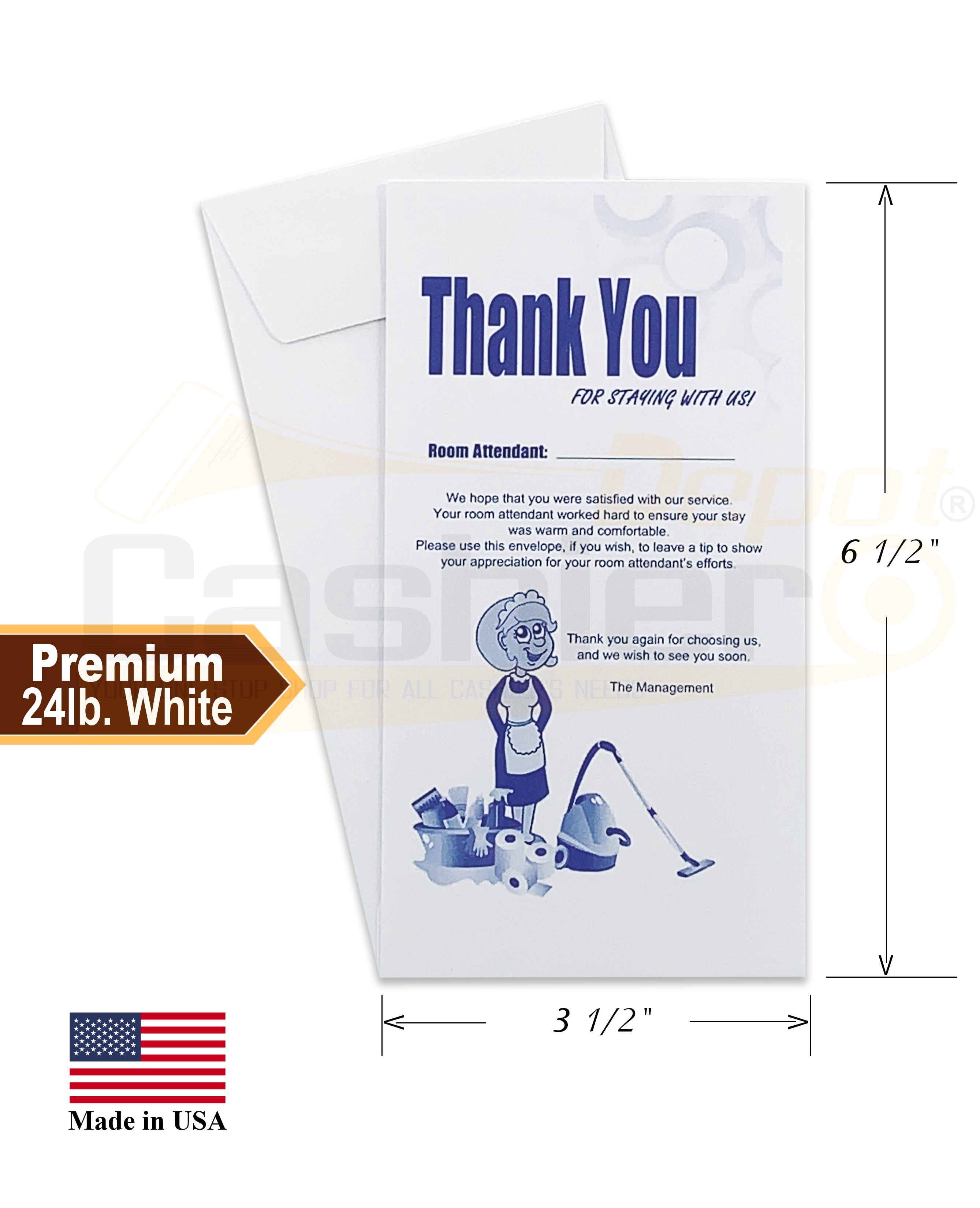 500 Cashier Depot Housekeeping Tip Thank you Envelope, White, 3 1/2" X 6 1/2", Premium 24lb. White, 500/box (HK7W)