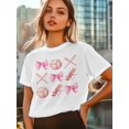 thumbnail image 6 of Women's T-Shirt Pink Cartoon Sweet Bow Baseball Bat Short Sleeve Casual Tee Classic Crew Neck T Shirt for Women White, M, 6 of 7