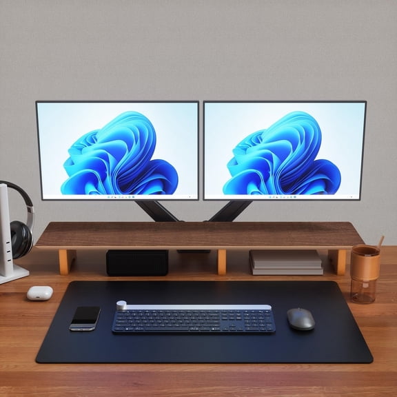 Wood Dual Monitor Stand Riser for Desk, 43 Inch Black Walnut Computer Monitor Riser, Desktop Organizer Shelf for 2 Monitors, Laptop & Printer
