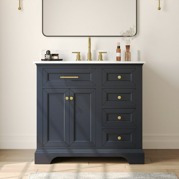 36" Bathroom Vanity Ceramic Sink Top with Backsplash, Pre-assembled Bathroom Cabinet Navy Blue