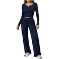 thumbnail image 2 of Bloomae Women's 2 Piece Matching Lounge Sets Fall Fashion Outfits Henley Neck Baisc Athletic Shirts Top Loose Comfy Drawstring Wide Leg Pants Sweat Suits Navy XL, 2 of 9
