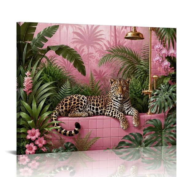 RKSupls Leopard Pink Shower Jungle Tiles Wall Art Canvas Print, Modern Wall Decor, Bathroom Wall Art Bathroom Bedroom Kitchen Hallway Wall Decor Prints