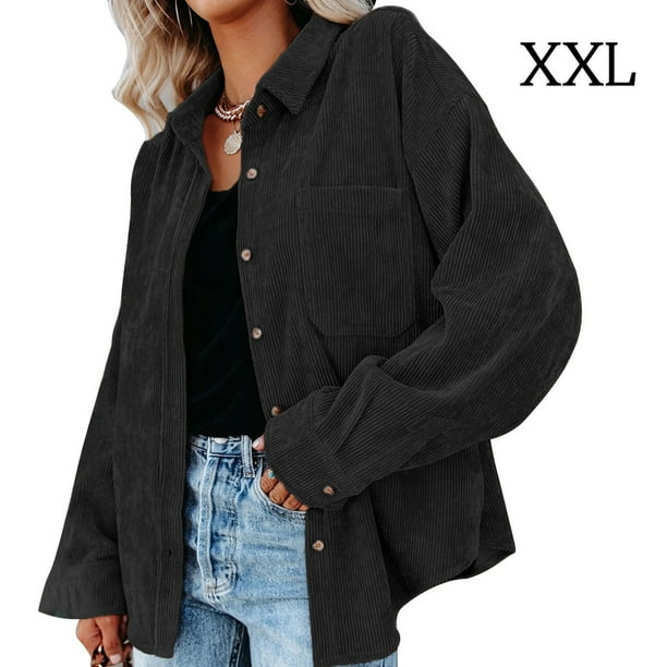 Sonducket Camisa de mujer Casual Botón Top Blusa de pana Blusa Abrigo de otoño Prendas para la parte del cuerpo negro XXL