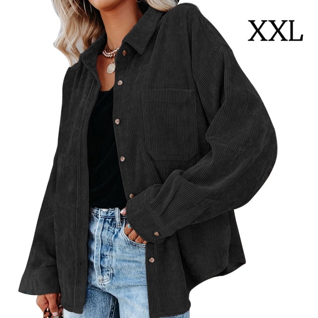 Sonducket Camisa de mujer Casual Botón Top Blusa de pana Blusa Abrigo de otoño Prendas para la parte del cuerpo negro XXL
