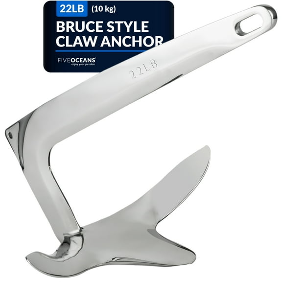 Five Oceans Bruce Style Claw Anchor, 22 Lb / 10 Kg Solid High-Polished Stainless Steel Boat Anchor, for Pontoon, Fishing Boats, Bass Boats, Sport Boats, Sportyachts, Sailboats FO337