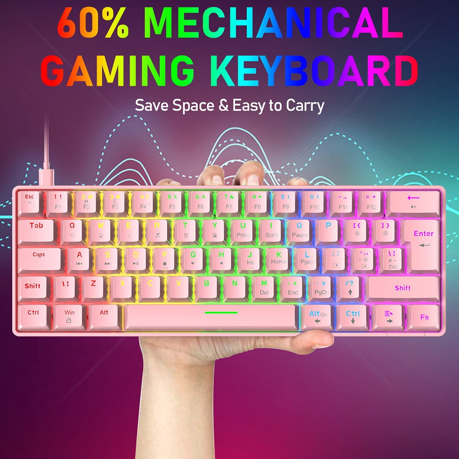 Lexontech T60 Wired Gaming Keyboard 60% True Mechanical Blue Keyboard Mini Portable 62 Keys 19 RGB Chroma LED Backlit Full Keys Anti-Ghosting for Gamers and Typists (Pink/Blue Switch)
