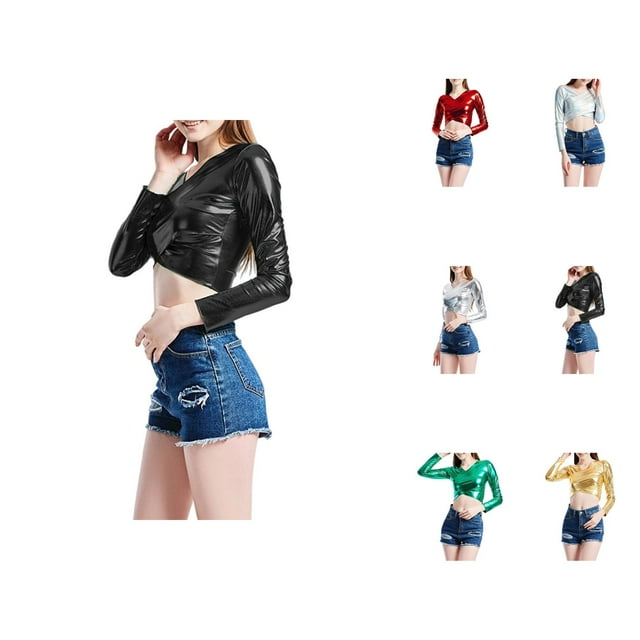 Hauts Métalliques pour Femmes 2026 Tendance Manches Longues Col en V T-Shirt Court Ajusté Y2K Sortie Tenues Rave