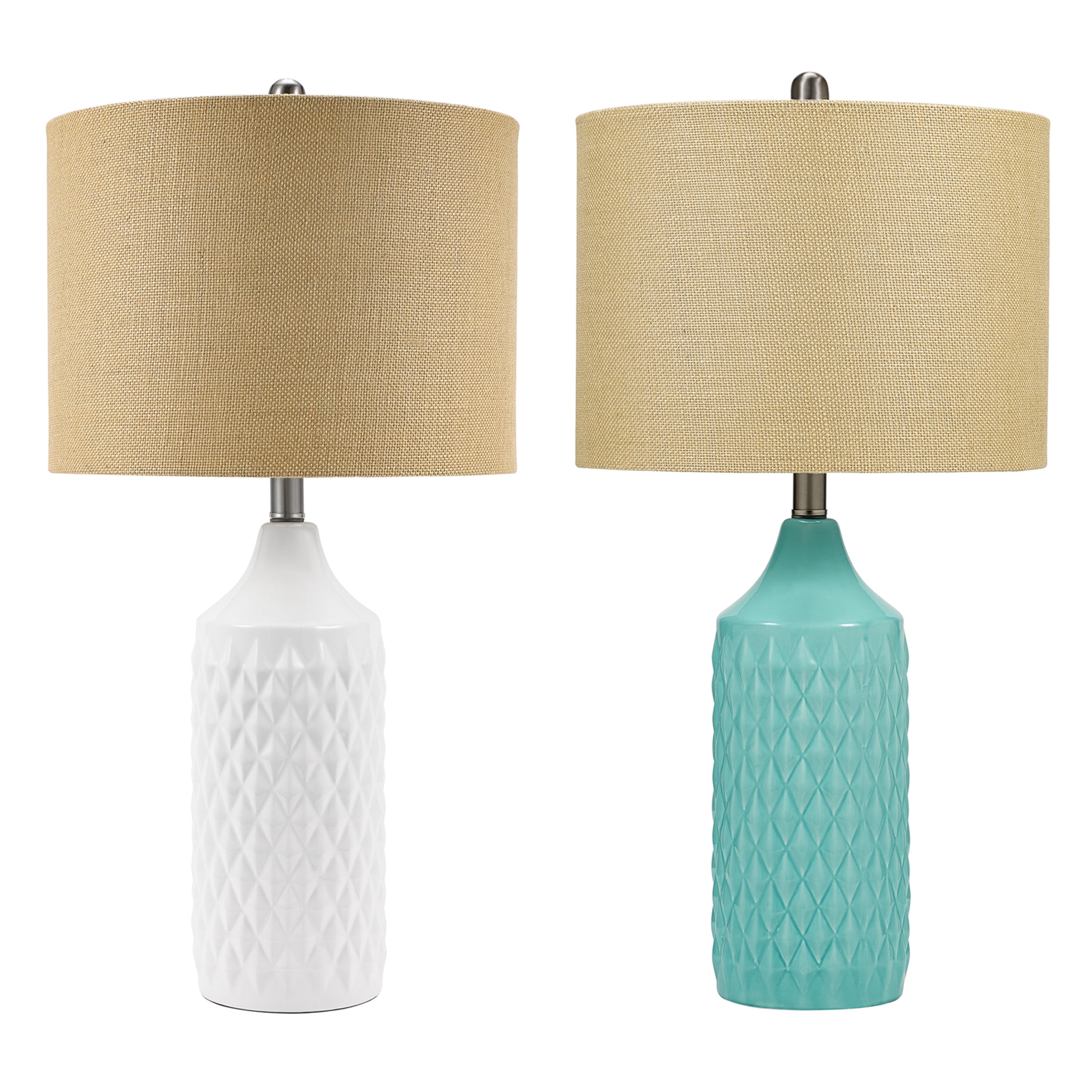 Cresswell Lighting 26.5" Coastal Quilted Ceramic Table Lamp with Natural Linen Drum Shade, Aqua Blue Finish