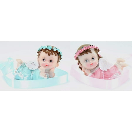 Angel Figurines And Statues Set of 2 Wedding Lover Gifts ~ 1 Blue 1 Pink Crawling Angel Figurines Statues Congratulatory Blessing Gift Pair of Colored Crawling Angels ()