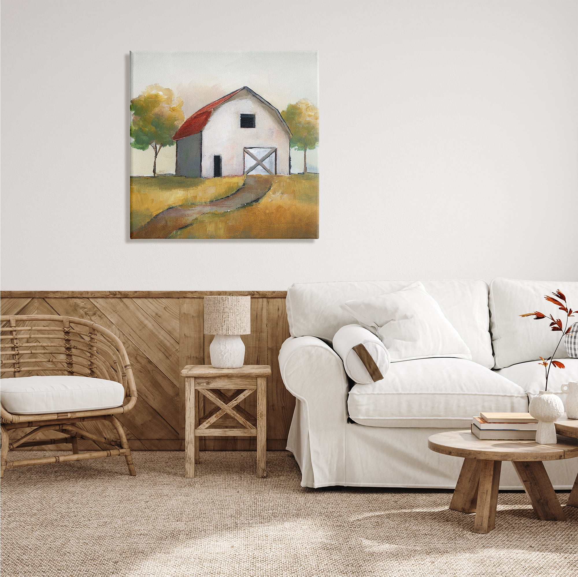 Stupell Indtries White Barn Building Between Orchard Trees Autumn Landscape,30 x 30,Design by Nan