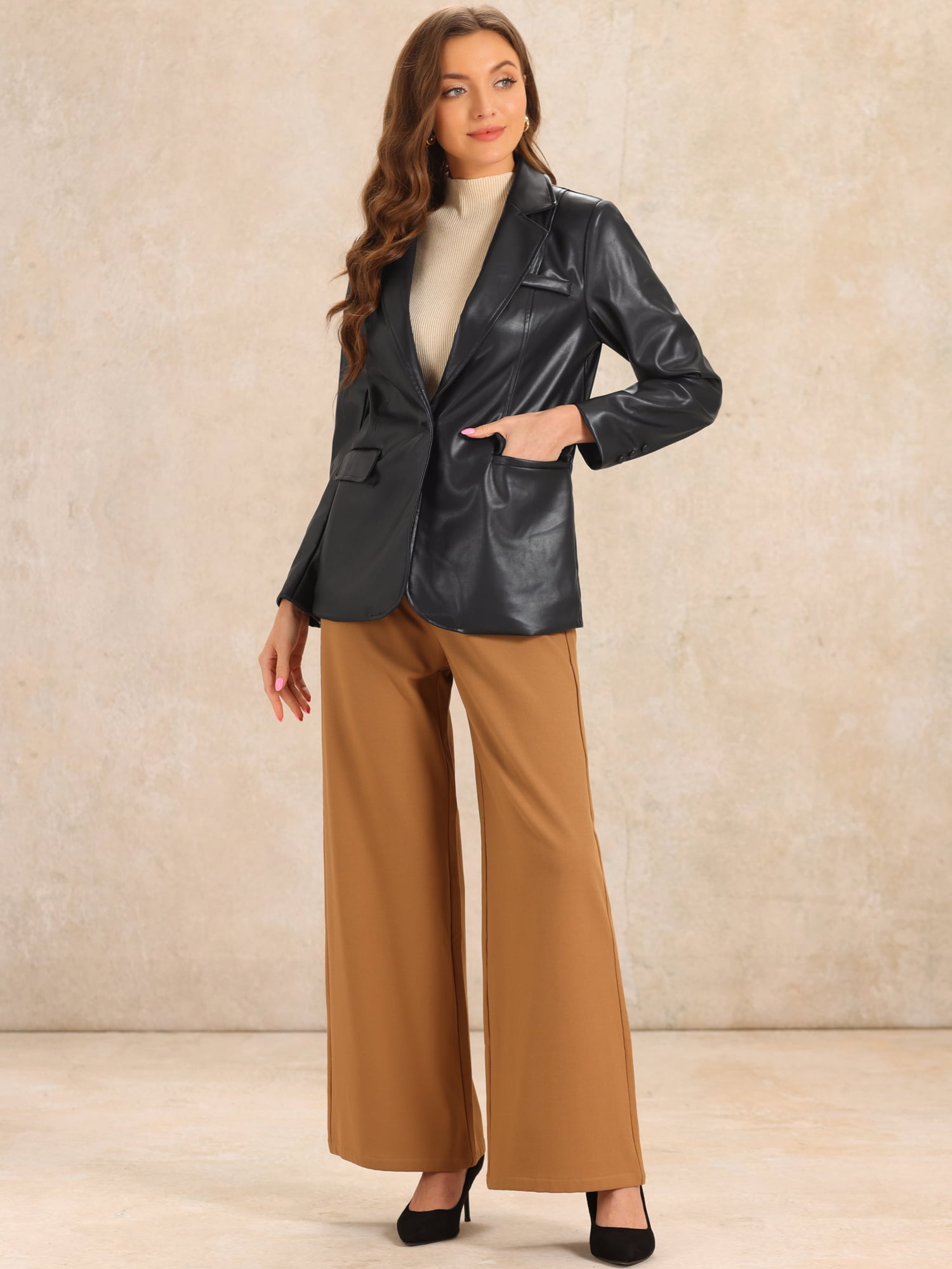 DARING DIVA Women's Faux Leather Jacket Lapel Collar PU Biker Moto Casual Oversized Blazer L Black