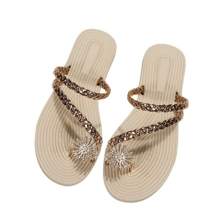 

qolati Women s Flat Sandals Fashion Floral Strappy Open Toe Slides Flip Flops Casual Beach Dressy Rhinestone Sandal