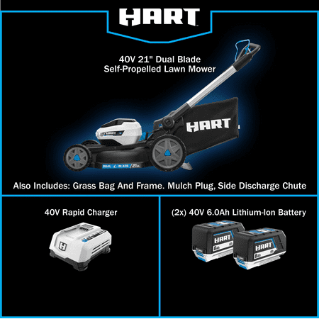 HART 40V 21-inch SUPERCHARGE Dual Blade Self-Propelled Mower Kit, (2) 6.0Ah Lithium-Ion Batteries