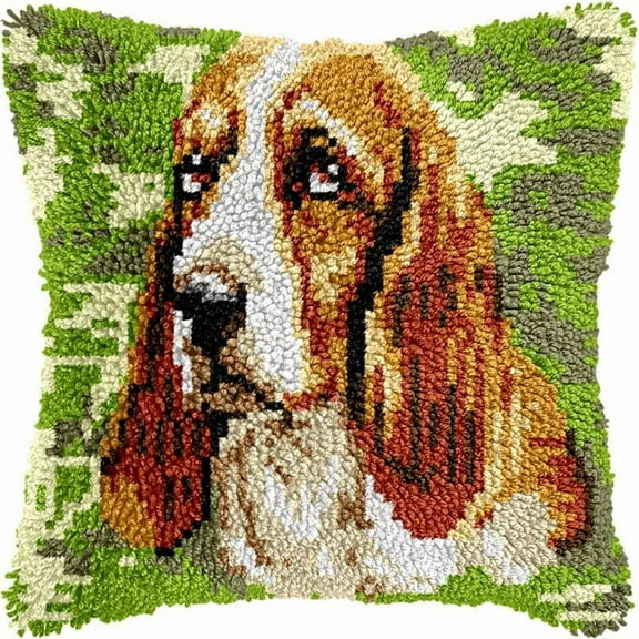 Basset Hound Latch Hook Pillow Cover Kits for DIY Handmade Throw Pillow Cross Stitch Latch Hooking Pillowcase Kits with Preprinted Color Pattern Canvas Crochet Yarn Kits 17''X 17''(a160)