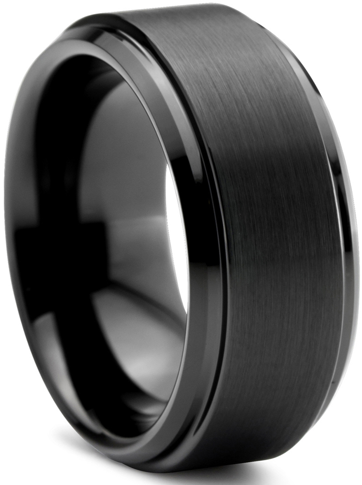 Charming Jewelers Tungsten Wedding Band Ring 10mm for Men Women Comfort Fit  Black Step Beveled Edge Polished Brushed Lifetime Guarantee Size 